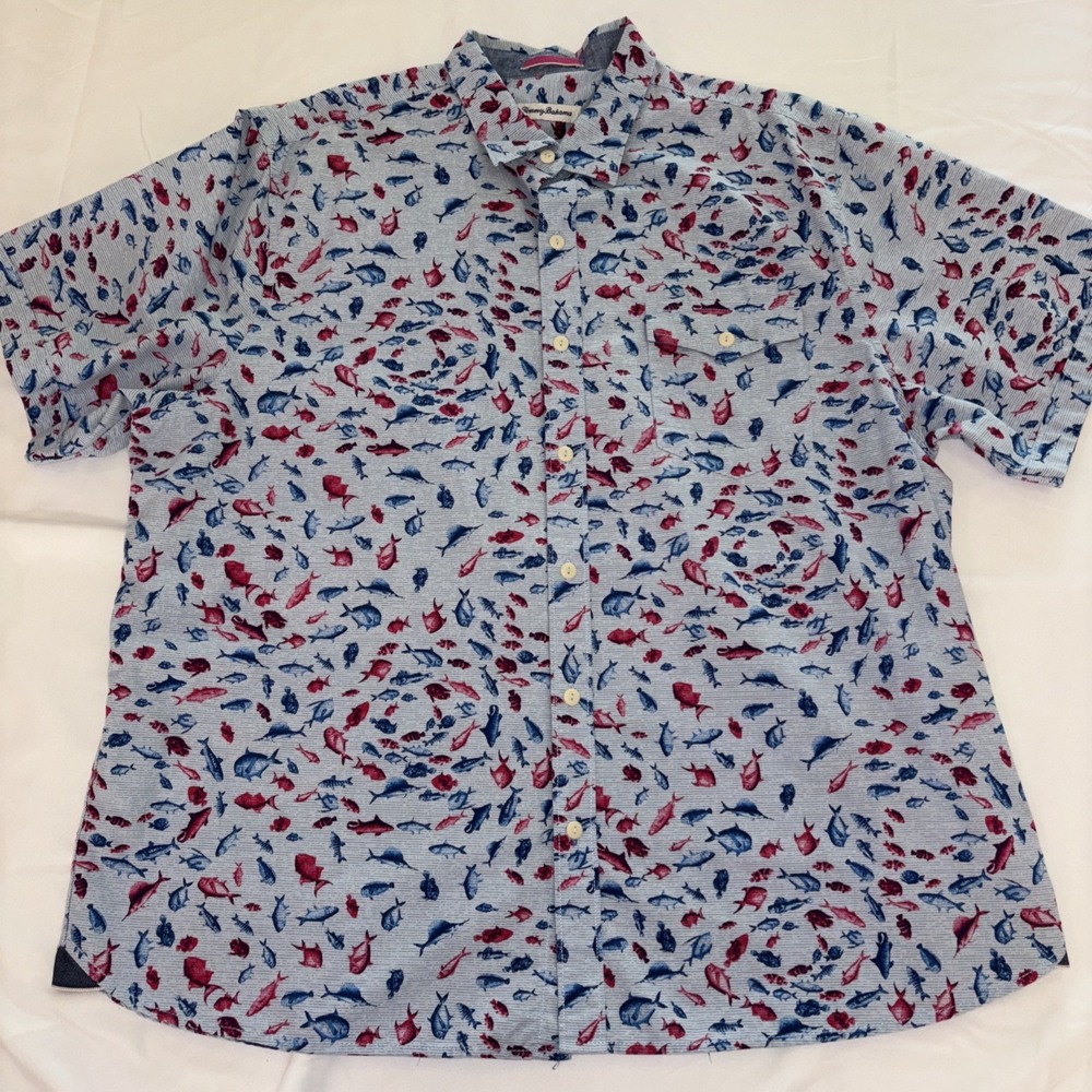 Tommy Bahama Shirt Men XXL Ocean Blue Pesca Fiesta Camp Short Sleeve Fish Marlin